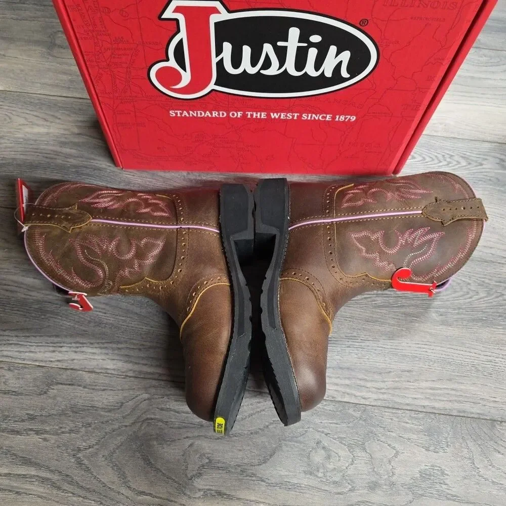 Justin Wanette Aged Bark Water Buffalo Women’s 8.5B 8” Round Steel Toe Boots NEW